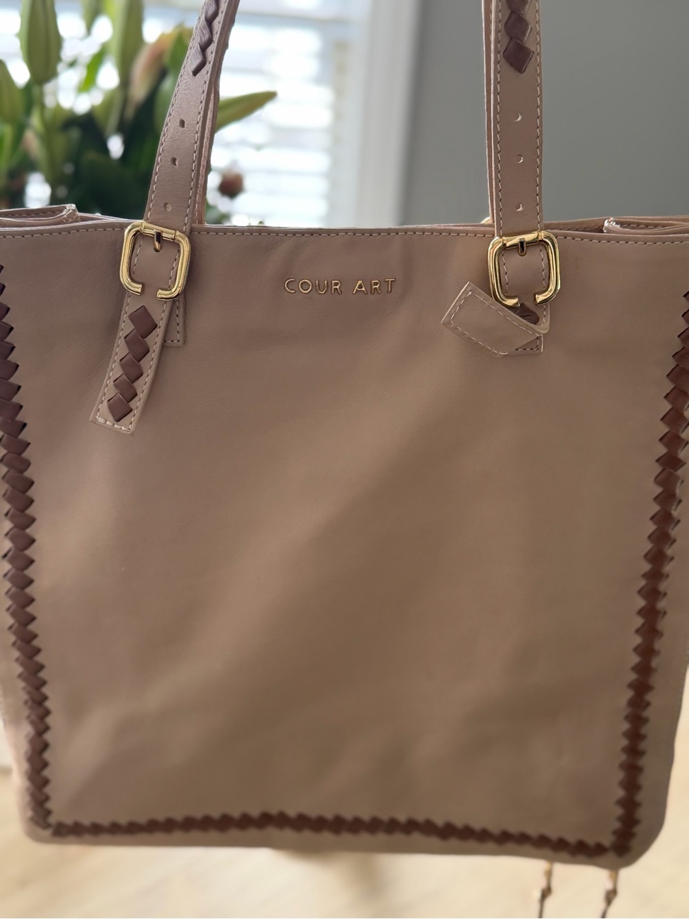 Taupe Tote Bag with Woven Trim